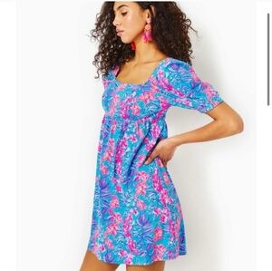 Lilly Pulitzer Delaney Short Sleeve Dress In Cumulus Blue Orchid Oasis